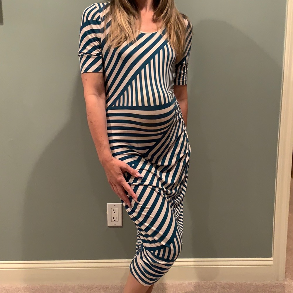 A Pea in the Pod Maternity Dress Small Turquoise Cream Geometric Stripe Stretch